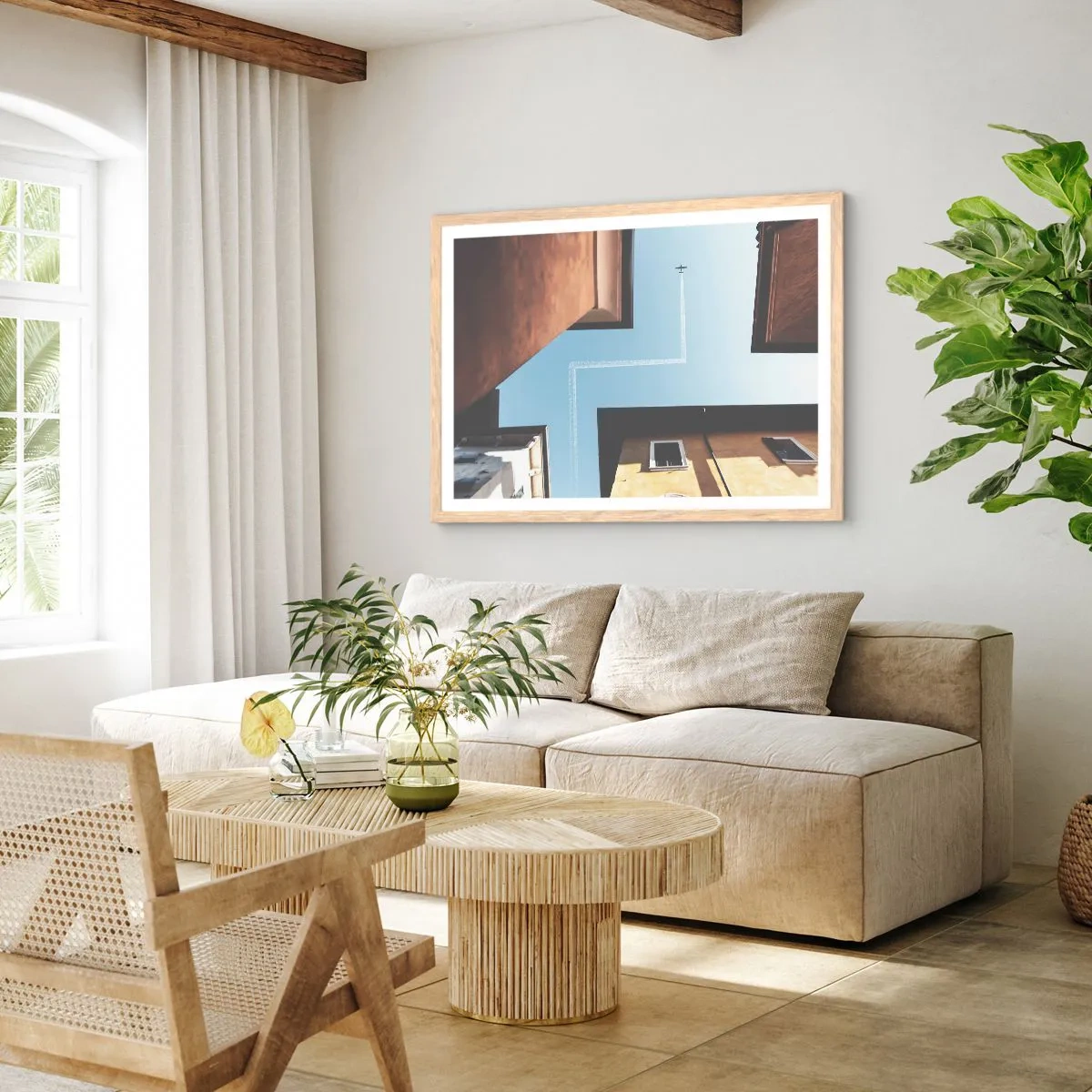 Een poster in een licht eiken lijst - Boven het doolhof van de stad - 100x70 cm