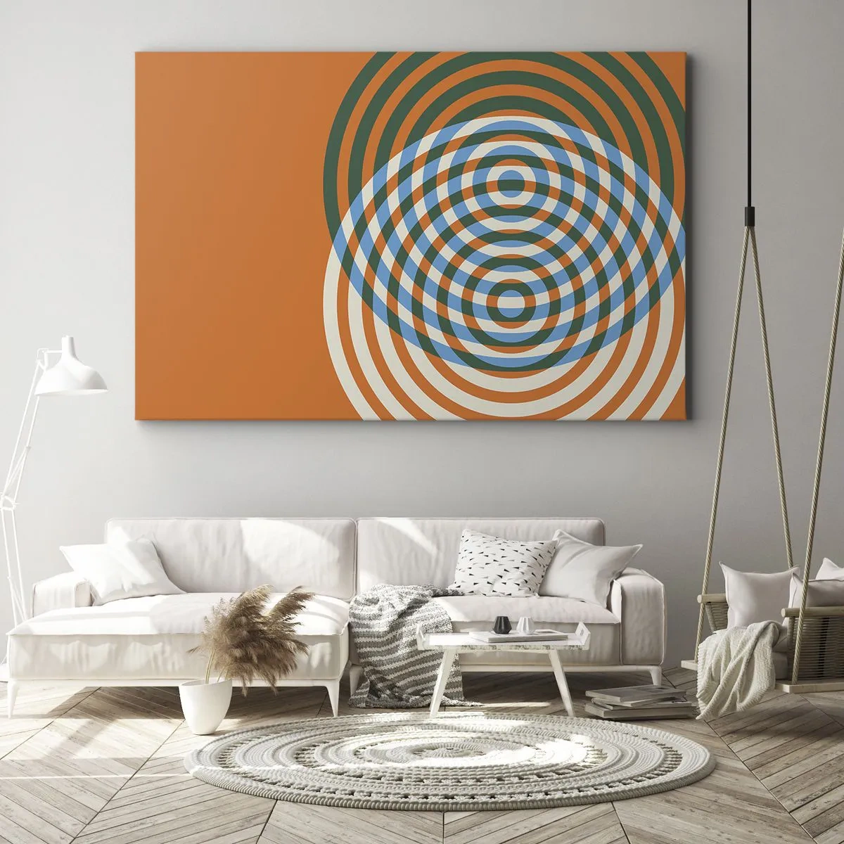 Schilderen op canvas - Concentrische cirkels op een oranje achtergrond - 70x50cm - Abstracte circulaire variatie - Moderne wanddecoratie voor woonkamer en slaapkamer ARTTOR