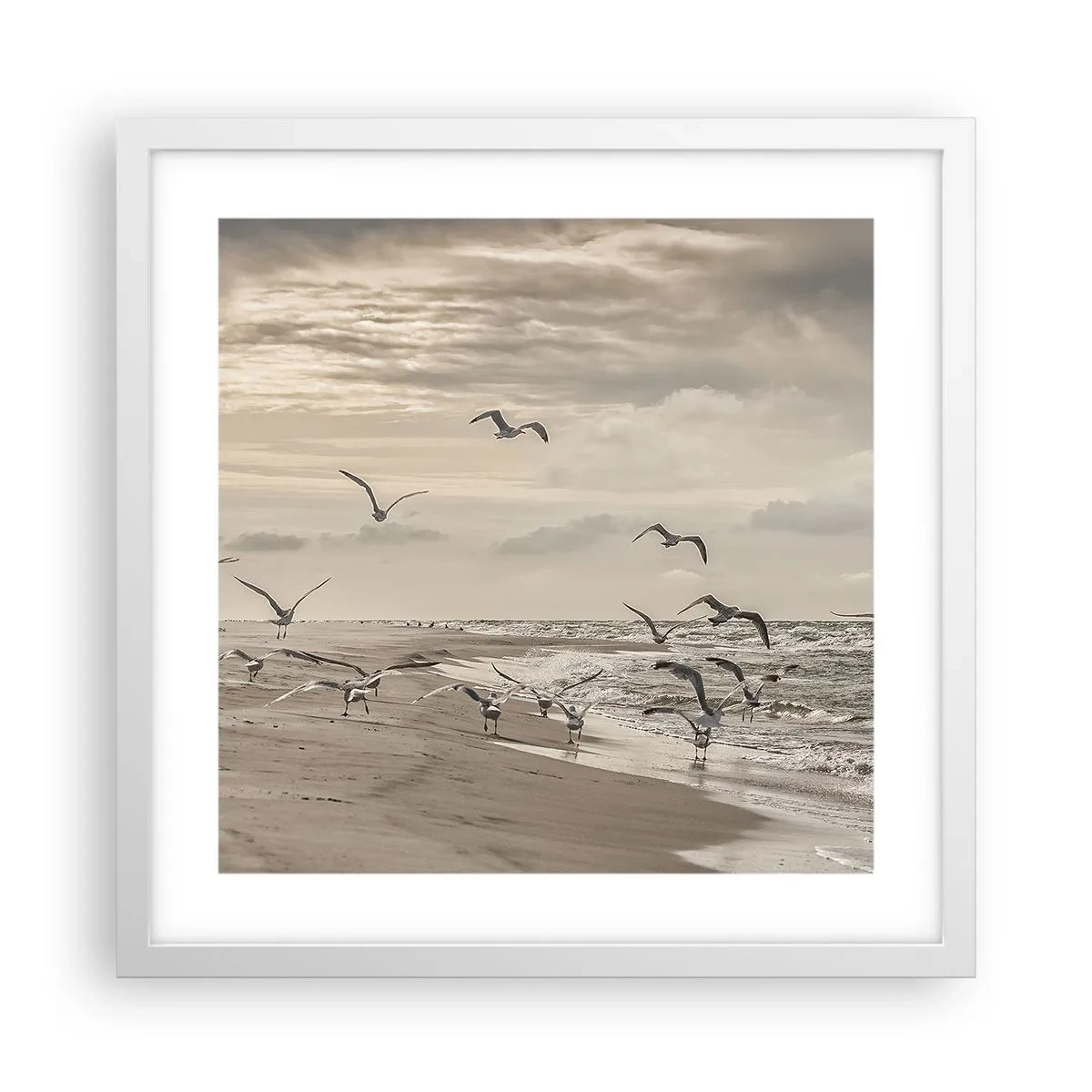 Poster in een witte lijst - Het geluid van de zee, het zingen van vogels - 40x40 cm