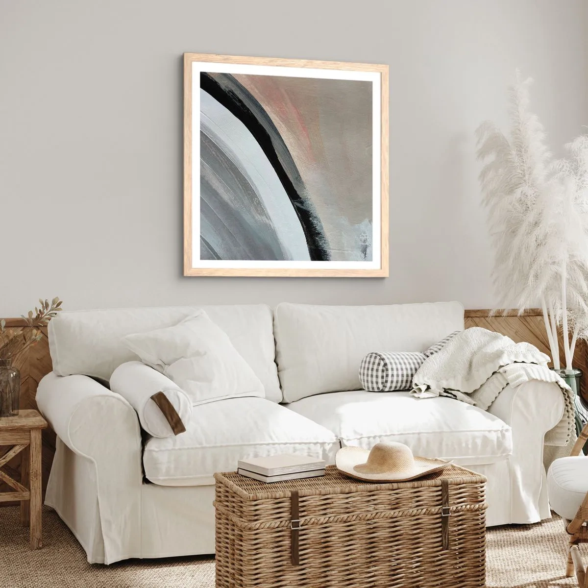 Een poster in een licht eiken lijst - Compositie: boog van zwart en grijs - 60x60 cm
