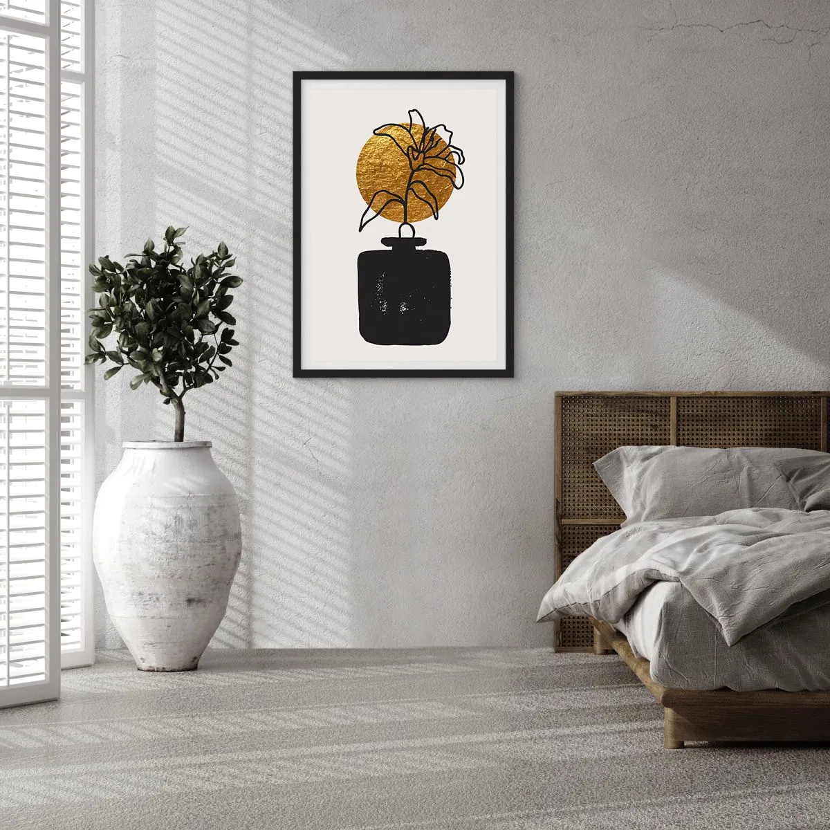 Poster in een zwarte lijst - Abstracte compositie met een bloem en een gouden cirkel - 50x70cm - Schoonheid is goud waard - Moderne wanddecoratie voor woonkamer en slaapkamer ARTTOR
