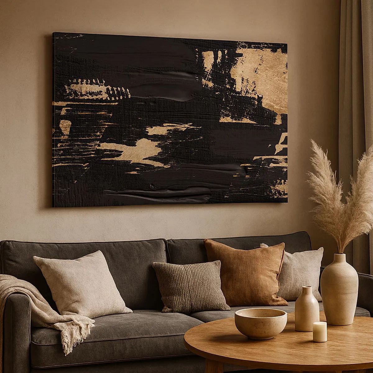 Schilderen op canvas - Abstracte compositie in tinten zwart en goud - 70x50cm - Spoor van aanraking - Moderne wanddecoratie voor woonkamer en slaapkamer ARTTOR