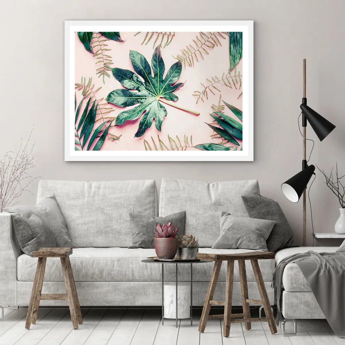 Poster in een witte lijst - Een studie van groen op een roze achtergrond - 50x40 cm