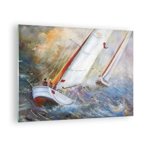 Schilderen op glas - Zeilboten in ruwe zee tijdens een regatta - 70x50cm - Lopend op de golven  - Moderne wanddecoratie voor woonkamer en slaapkamer ARTTOR