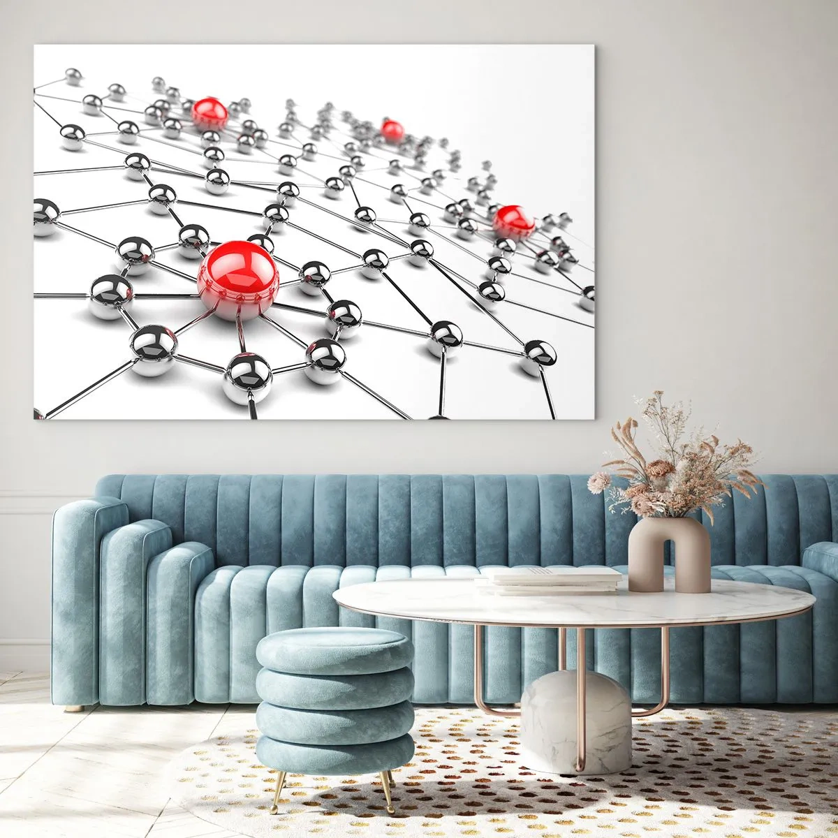 Schilderen op glas - Zilveren moleculair netwerk met rode accenten - 70x50cm - Zilverachtig web - Moderne wanddecoratie voor woonkamer en slaapkamer ARTTOR