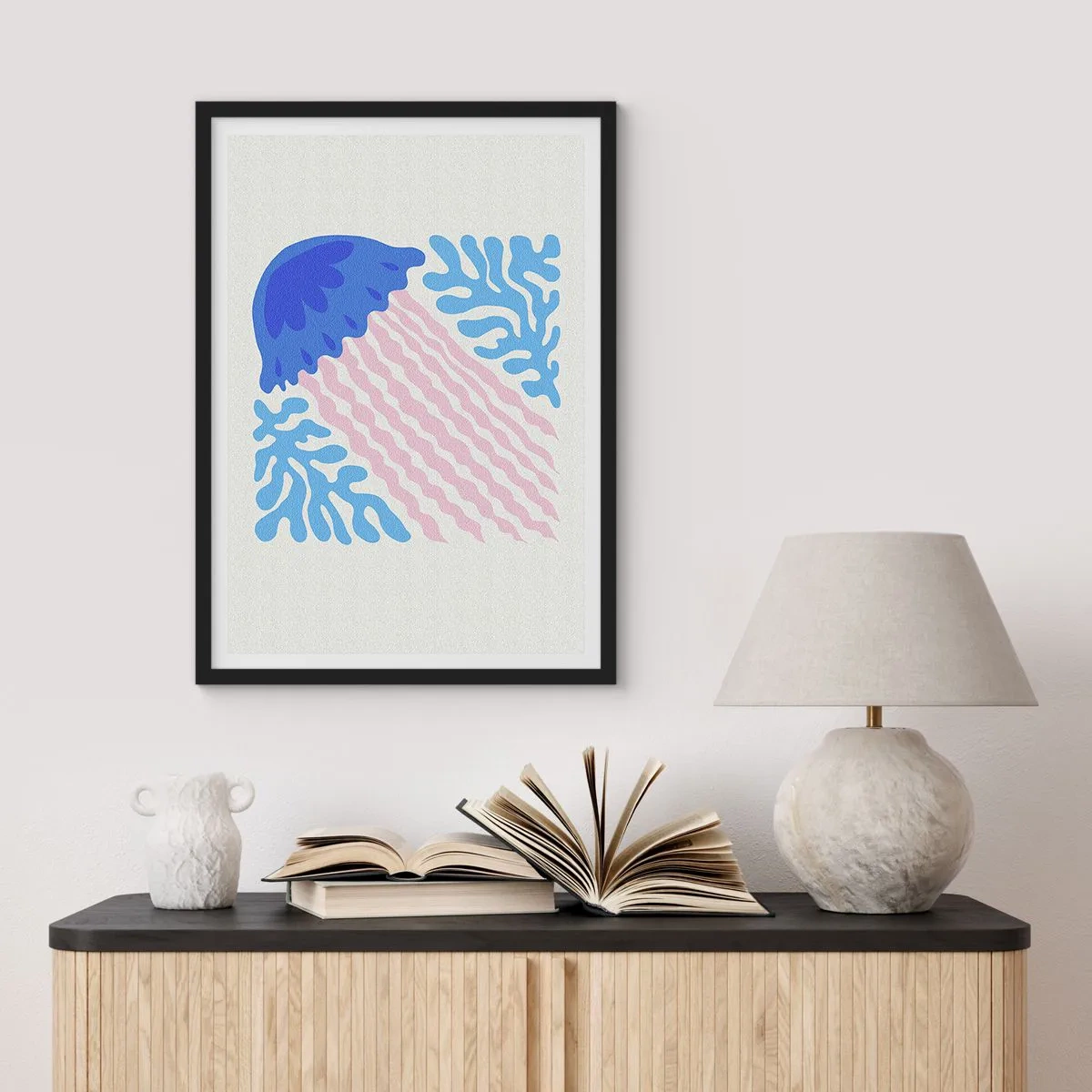 Poster in een zwarte lijst - Gestileerde kwallen omringd door onderwatervegetatie - 50x70cm - Als uit een andere wereld - Moderne wanddecoratie voor woonkamer en slaapkamer ARTTOR