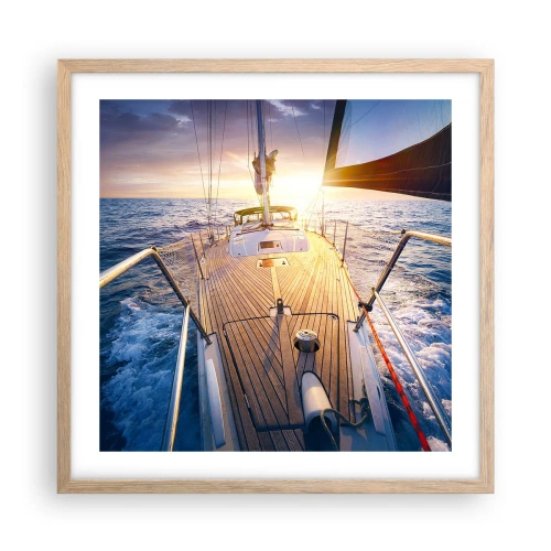Een poster in een licht eiken lijst - Lopend op de golven - 50x50 cm