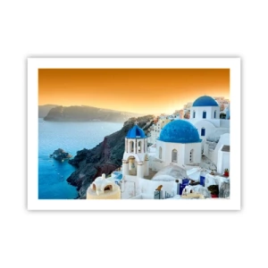 Poster - Santorini - genesteld tegen de rotsen - 70x50 cm
