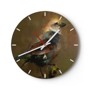 Wandklok - Klok - Een kleurrijke vogel op een achtergrond in tinten bruin - 30x30cm - Een mus, een klein vogeltje - Moderne wanddecoratie voor woonkamer, keuken en slaapkamer ARTTOR