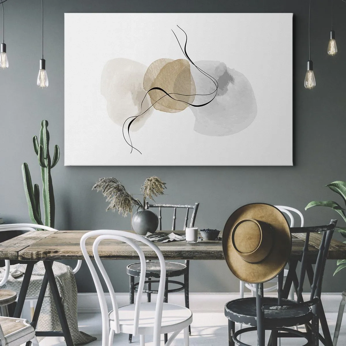 Schilderen op canvas - Minimalistische abstractie in tinten beige en grijs - 70x50cm - Lucht kralen - Moderne wanddecoratie voor woonkamer en slaapkamer ARTTOR