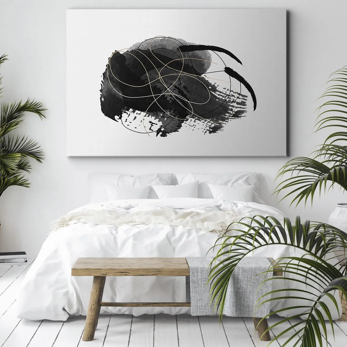 Schilderen op canvas - Abstractie in zwart en goud op een witte achtergrond - 70x50cm - Gemaakt uit zwart - Moderne wanddecoratie voor woonkamer en slaapkamer ARTTOR