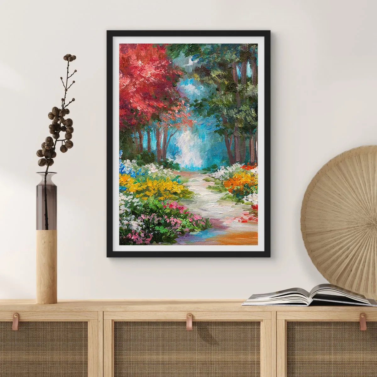 Poster in een zwarte lijst - Bostuin, bloemenbos - 30x40 cm