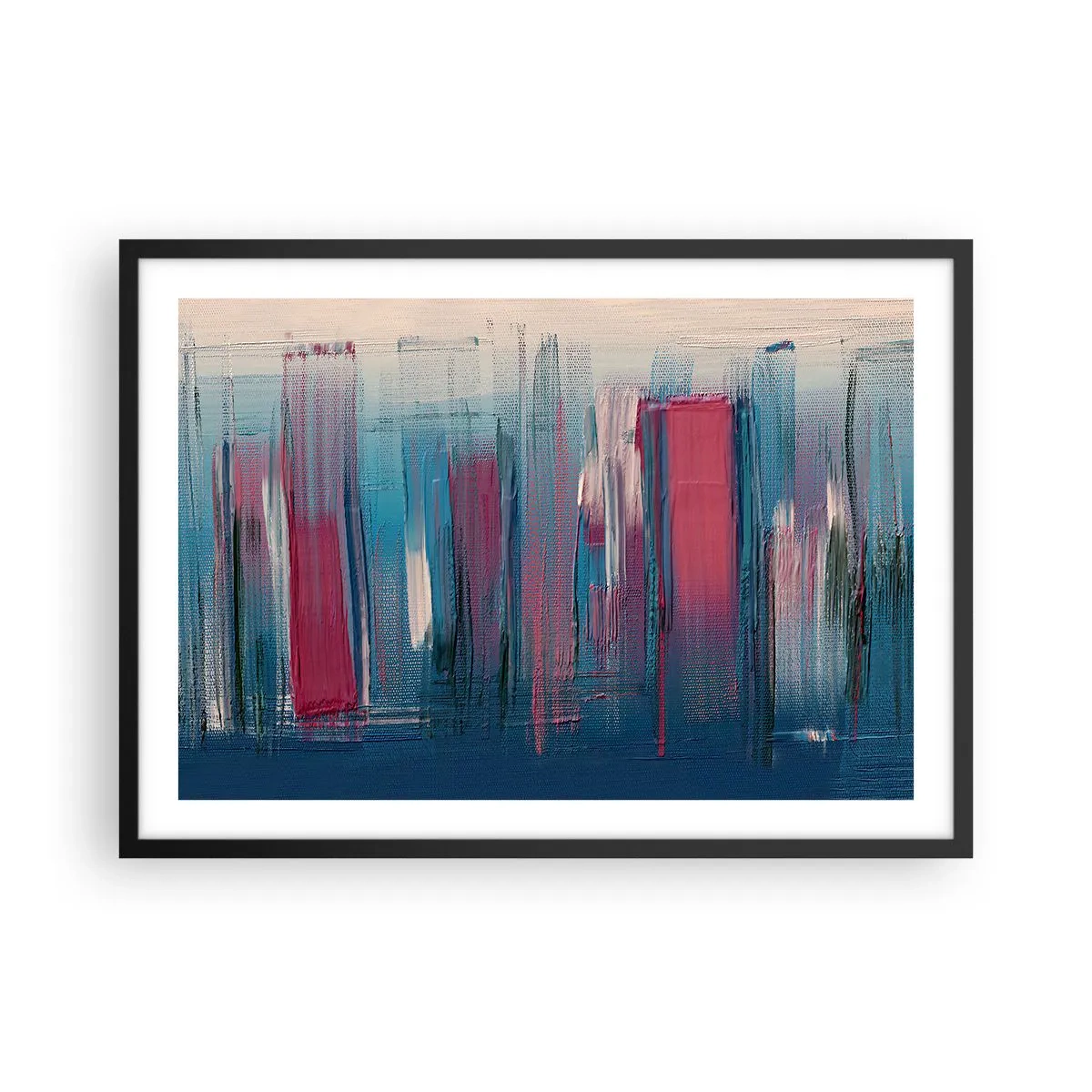 Poster in een zwarte lijst - Verticale compositie in blauw en rood - 70x50 cm