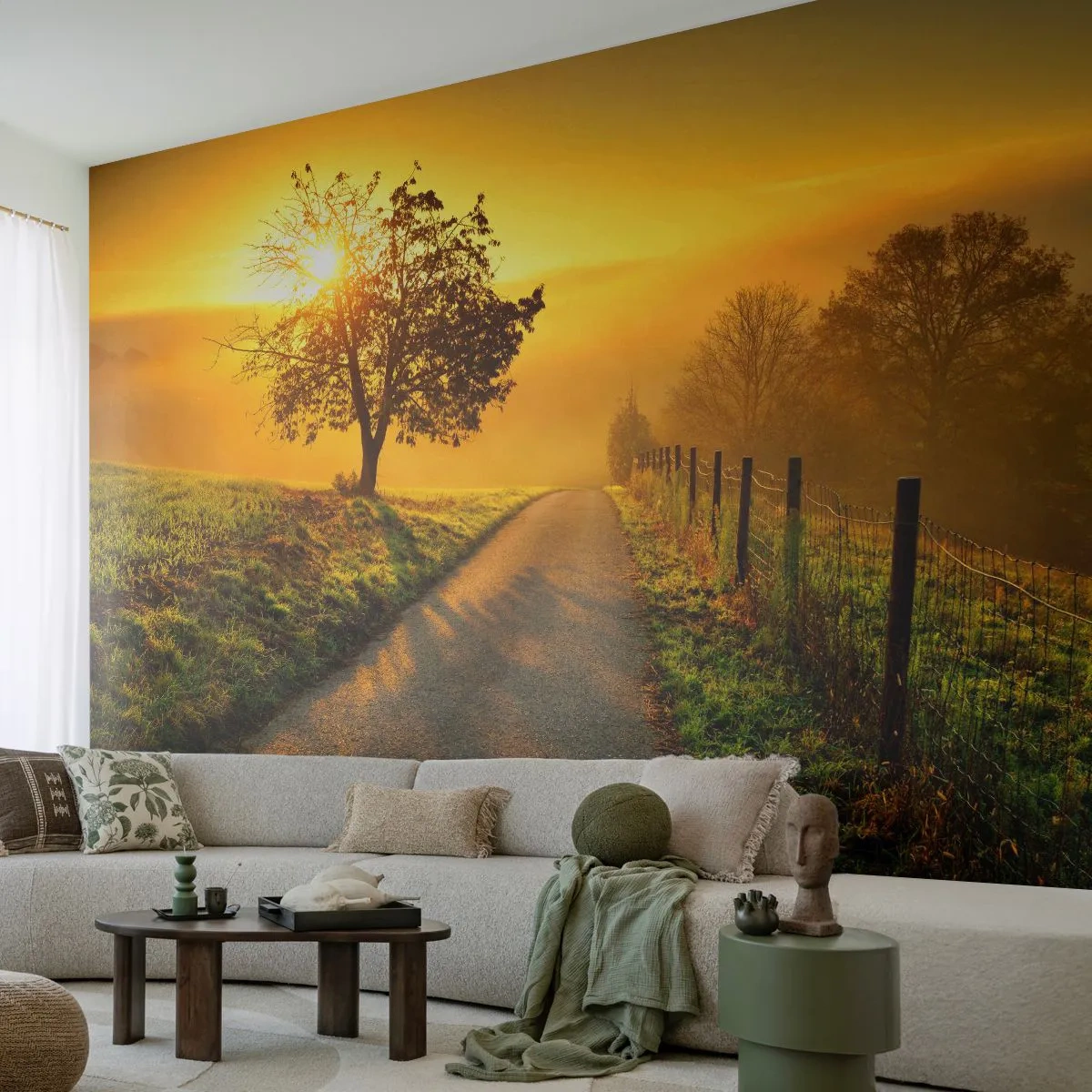 Fotobehang Premium Canvas - Honingmiddag - Landschap, Zandweg, Wei - 150x105 cm