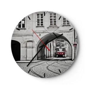 Wandklok - Klok - Een tram rijdt op monochrome wijze door een boog. - 30x30cm - Door het doolhof van de stad - Moderne wanddecoratie voor woonkamer, keuken en slaapkamer ARTTOR