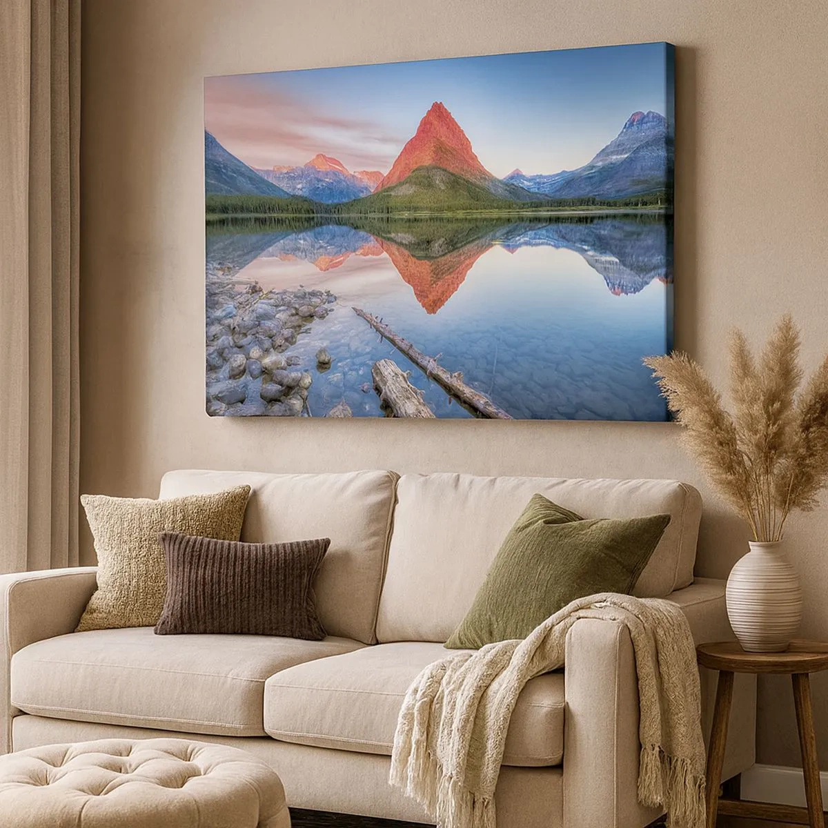 Schilderen op canvas - Een berg weerspiegeld in een meer bij zonsondergang - 70x50cm - Warmte en koude - Moderne wanddecoratie voor woonkamer en slaapkamer ARTTOR