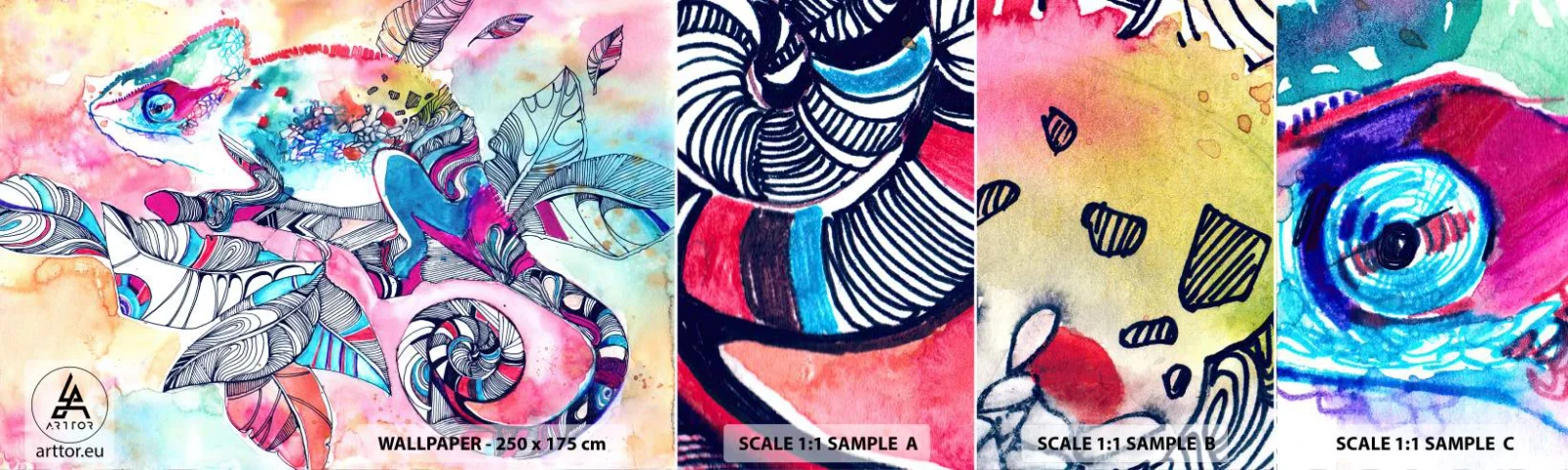 Fotobehang Staaltje Standard Eco - Zo kleurrijk als onze wereld - Kameleon, Abstractie, Natuur - 100x30 cm