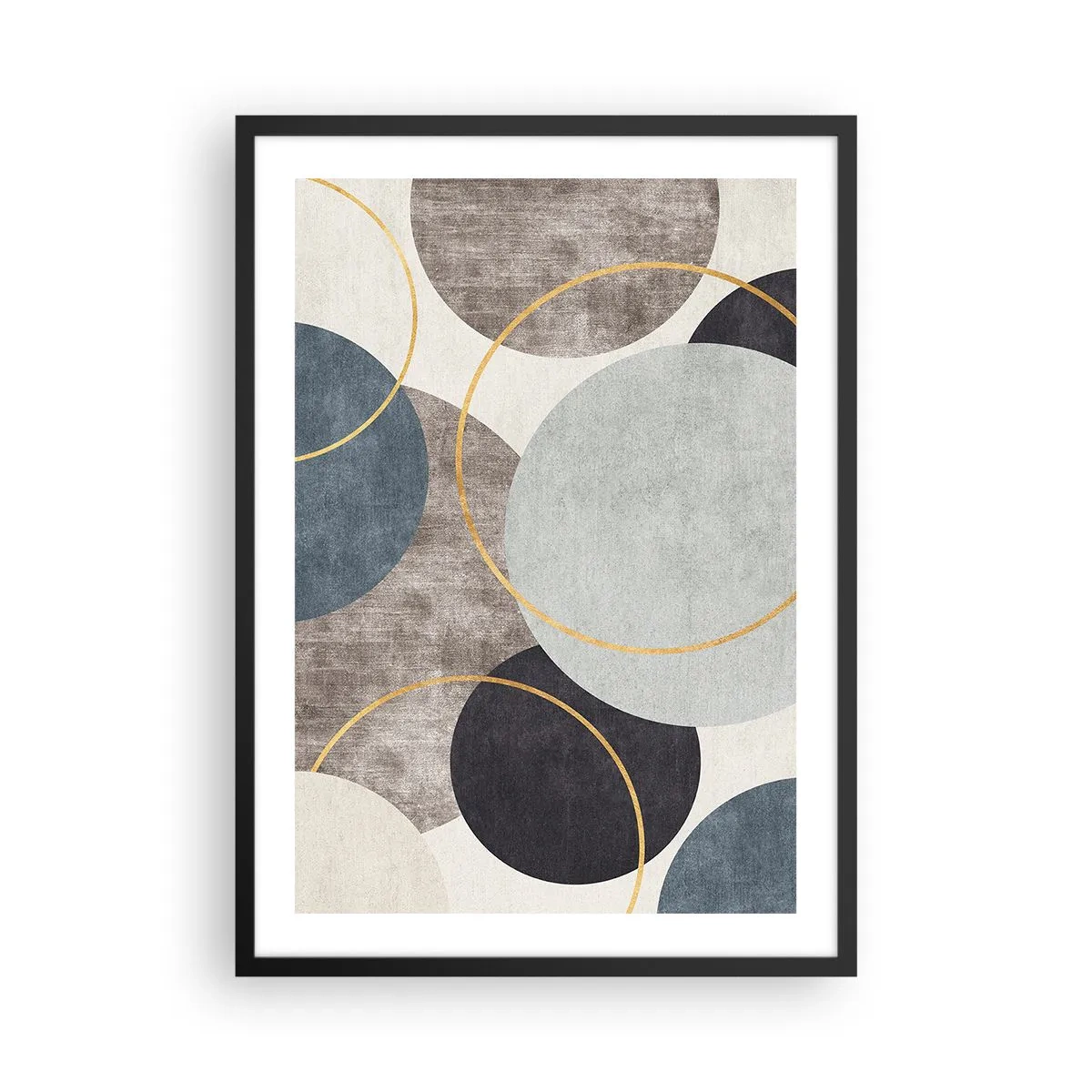 Poster in een zwarte lijst - Abstracte geometrische compositie met cirkels in blauwtinten. - 50x70cm - Wiel voor wiel - Moderne wanddecoratie voor woonkamer en slaapkamer ARTTOR