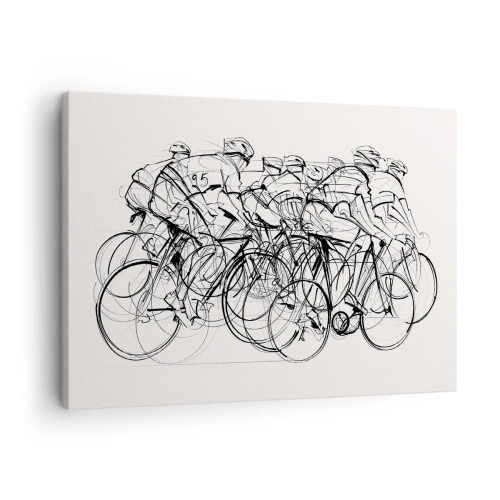 Schilderen op canvas - Een groep fietsers in beweging in minimalistische stijl - 70x50cm - Samen als team - Moderne wanddecoratie voor woonkamer en slaapkamer ARTTOR