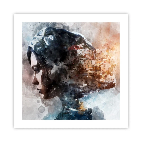 Poster - Een verhaal over een meisje met een stad op de achtergrond - 50x50 cm