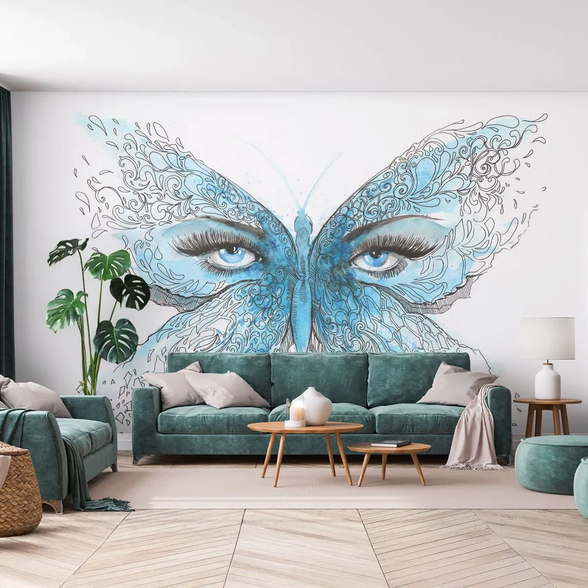 Zelfklevend Fotobehang Deluxe Sticker - Eros pimpelmees - Abstractie, Vlinder, Vrouwelijke ogen - 250x175 cm