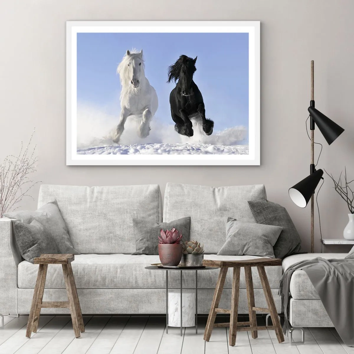 Poster in een witte lijst - Zwart-wit galop - 91x61 cm
