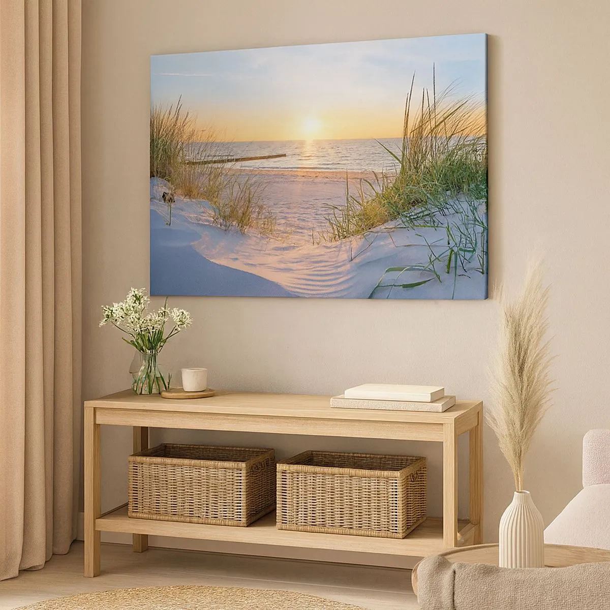 Schilderen op canvas - Een zandstrand met uitzicht op de ondergaande zon in de zee - 70x50cm - Het geluid van de zee, het zingen van vogels, een wild strand tussen het gras... - Moderne wanddecoratie voor woonkamer en slaapkamer ARTTOR