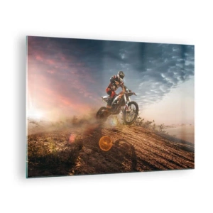 Schilderen op glas - Motorrijder in de woestijn in een dynamische omgeving - 70x50cm - Voor overwinning - Moderne wanddecoratie voor woonkamer en slaapkamer ARTTOR