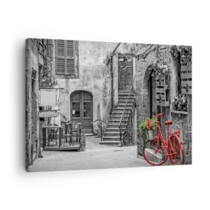 Schilderen op canvas - Een rode fiets in een zwart-witte straat - 70x50cm - Toscaanse steeg - Moderne wanddecoratie voor woonkamer en slaapkamer ARTTOR