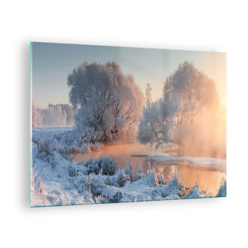 Schilderen op glas - Winterlandschap met een bevroren meer en ochtendmist - 70x50cm - Alles in het kristal schijnt in de zon - Moderne wanddecoratie voor woonkamer en slaapkamer ARTTOR