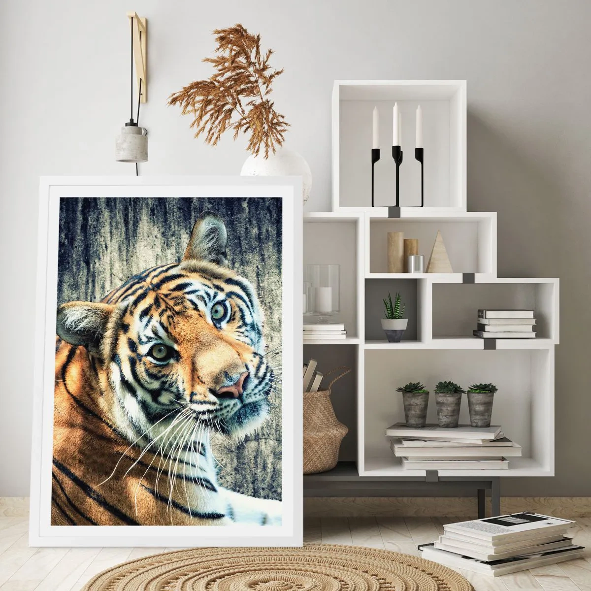 Poster in een witte lijst - Portret in stromen van licht - 70x100 cm