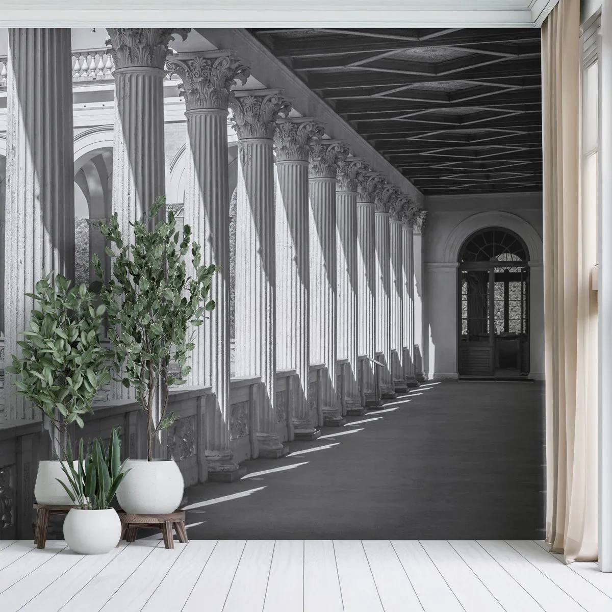Fotobehang Premium Canvas - Zonnige arcade - Kolommen, Architectuur, Klassiek - 500x350 cm
