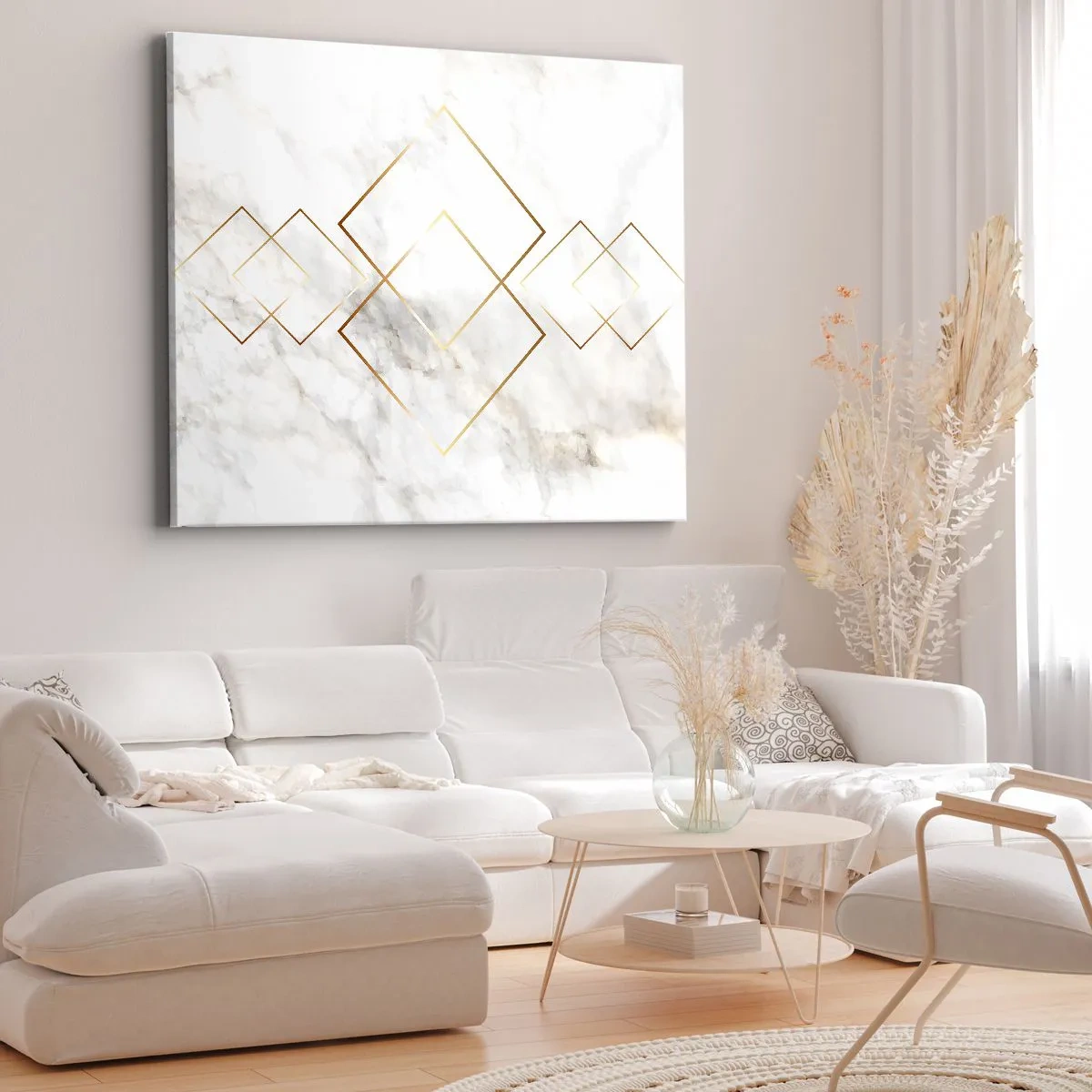 Schilderen op canvas - Minimalistische gouden ruiten op een marmeren achtergrond - 70x50cm - Een uitzicht tot in het oneindige - Moderne wanddecoratie voor woonkamer en slaapkamer ARTTOR