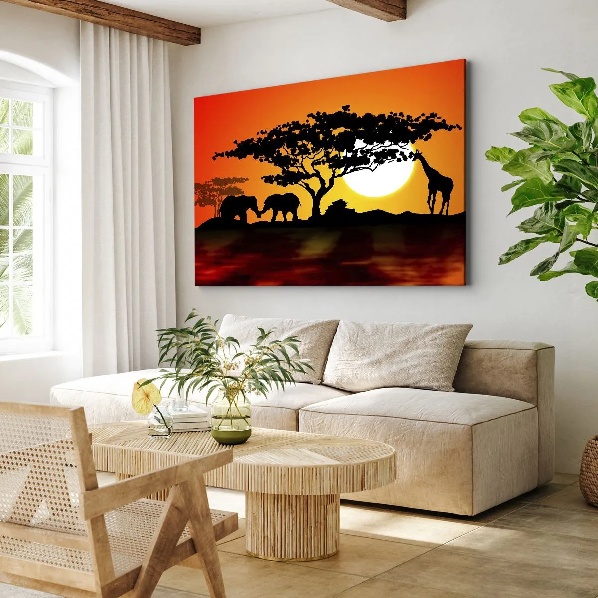 Schilderen op canvas - Afrikaanse zonsondergang met silhouetten van olifanten en giraffen boven het water - 70x50cm - Ontmoeting in de savanne - Moderne wanddecoratie voor woonkamer en slaapkamer ARTTOR