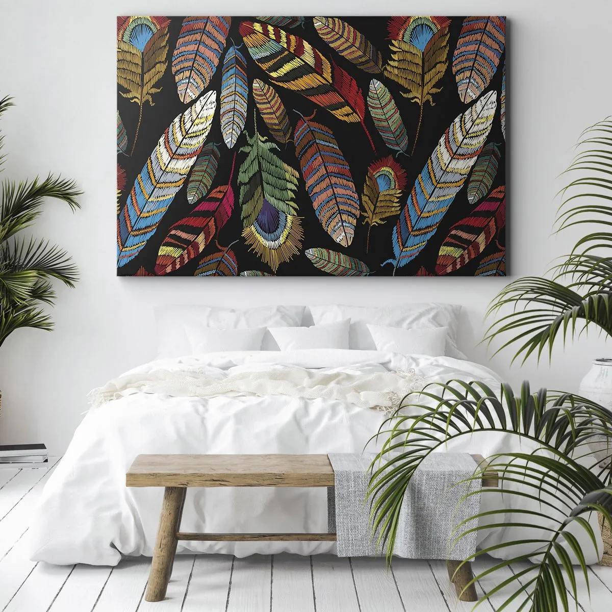 Schilderen op canvas - Kleurrijke veren op een zwarte achtergrond - 70x50cm - Het vogelcarnaval - Moderne wanddecoratie voor woonkamer en slaapkamer ARTTOR