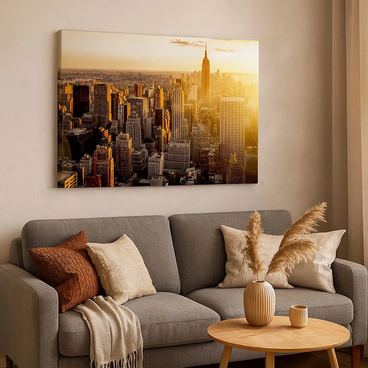 Schilderen op canvas - Skyline van New York City bij zonsondergang met uitzicht op het Empire State Building - 70x50cm - Groeien in de zon - Moderne wanddecoratie voor woonkamer en slaapkamer ARTTOR