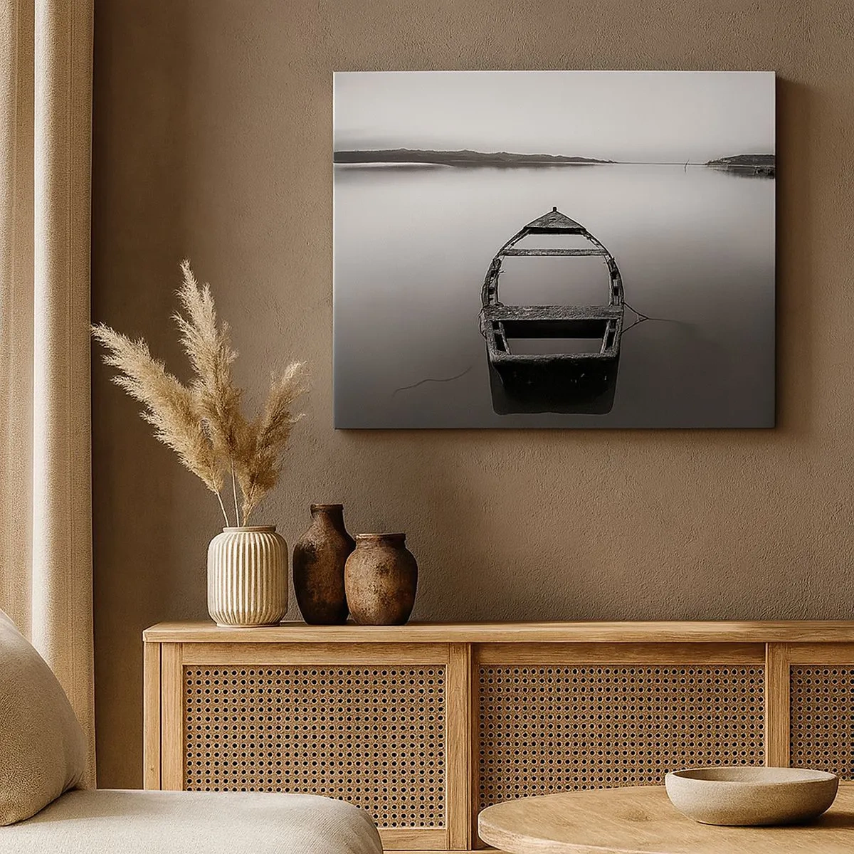 Schilderen op canvas - Een eenzame boot op een kalm meer in tinten zwart en wit - 70x50cm - Verlangen en melancholie - Moderne wanddecoratie voor woonkamer en slaapkamer ARTTOR