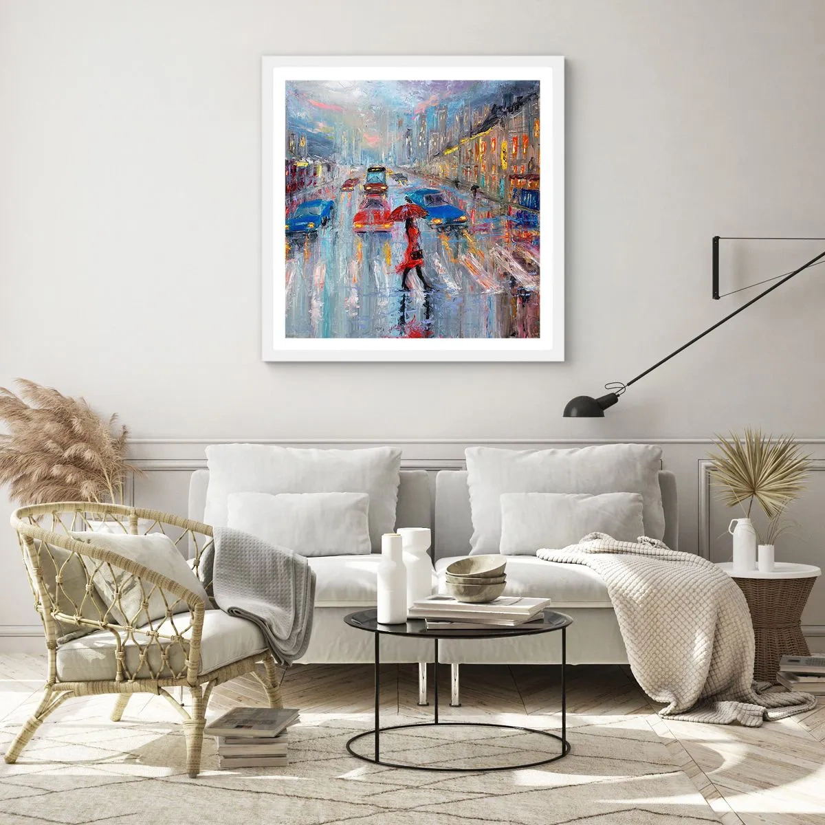 Poster in een witte lijst - Regenachtige middag in de stad - 50x50 cm