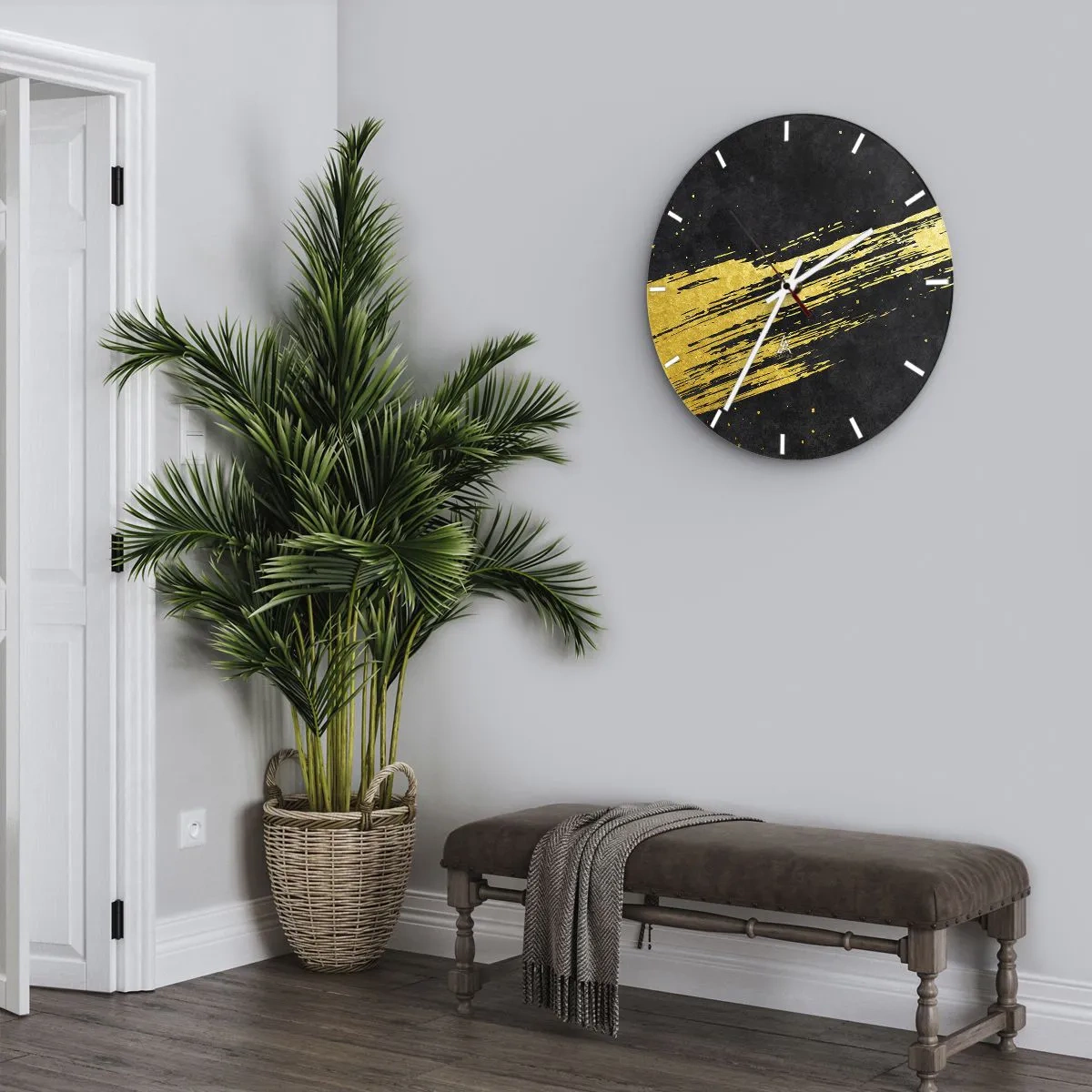Wandklok - Klok - Gouden dynamische penseelstreek op zwarte achtergrond - 30x30cm - Spring in hyperruimte - Moderne wanddecoratie voor woonkamer, keuken en slaapkamer ARTTOR