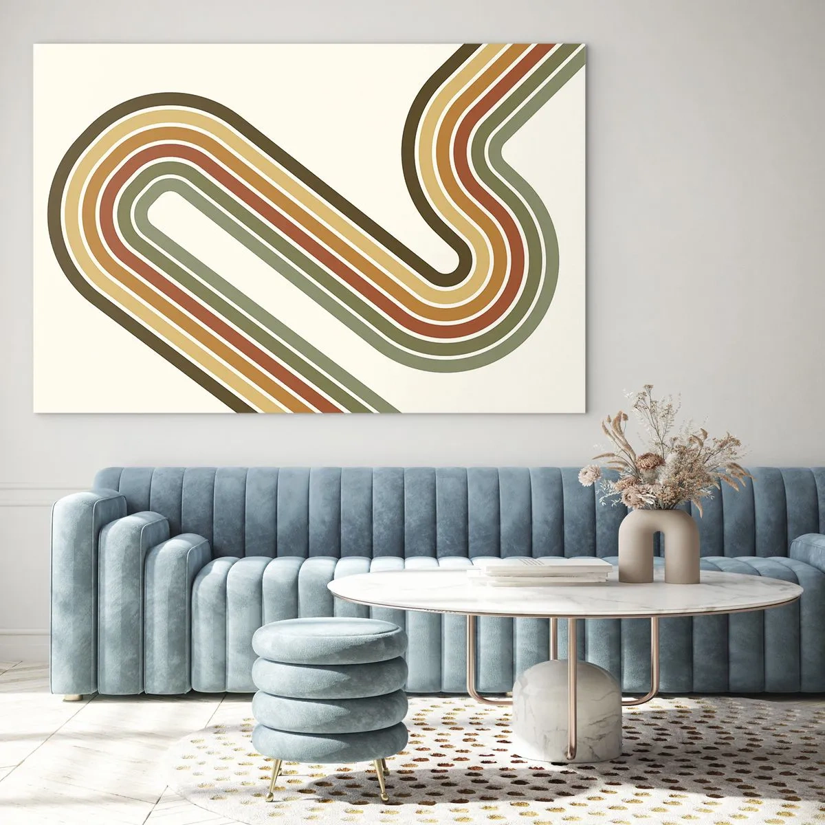 Schilderen op glas - Geometrische abstractie in retrostijl met golvende lijnen - 70x50cm - Zigzag naar het doel - Moderne wanddecoratie voor woonkamer en slaapkamer ARTTOR