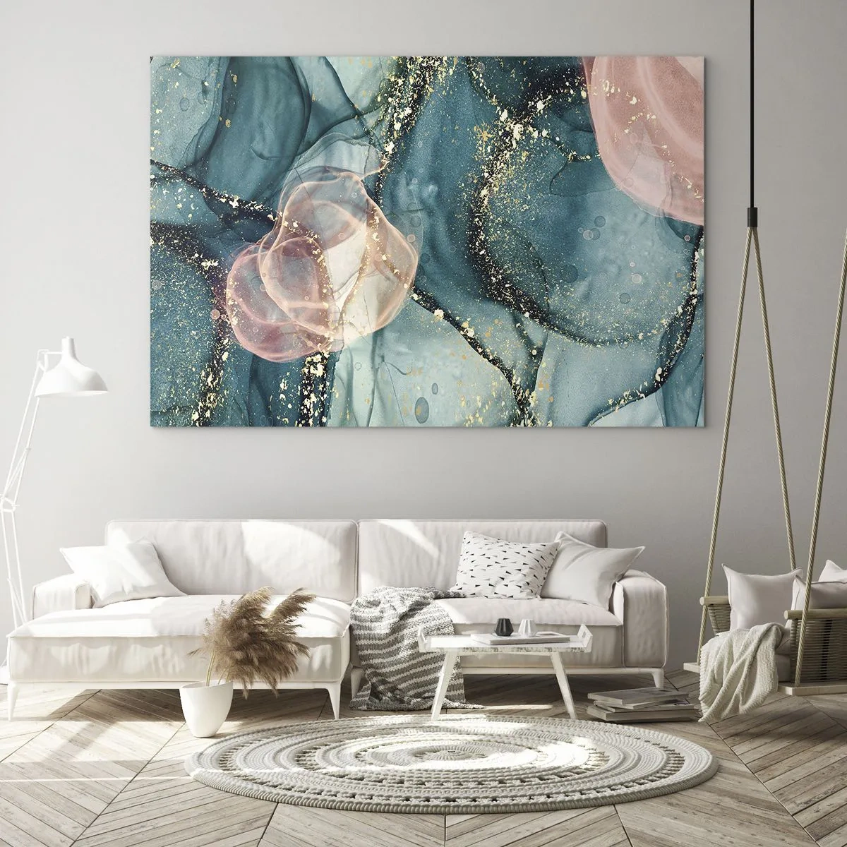Schilderen op glas - Abstracte vormen in blauw en roze met gouden details - 70x50cm - Zijdeblauw, tule roze - Moderne wanddecoratie voor woonkamer en slaapkamer ARTTOR