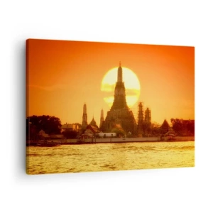 Schilderen op canvas - Zonsondergang boven de tempel met weerspiegeling in het water - 70x50cm - Naar de zon, altijd naar de zon toe - Moderne wanddecoratie voor woonkamer en slaapkamer ARTTOR