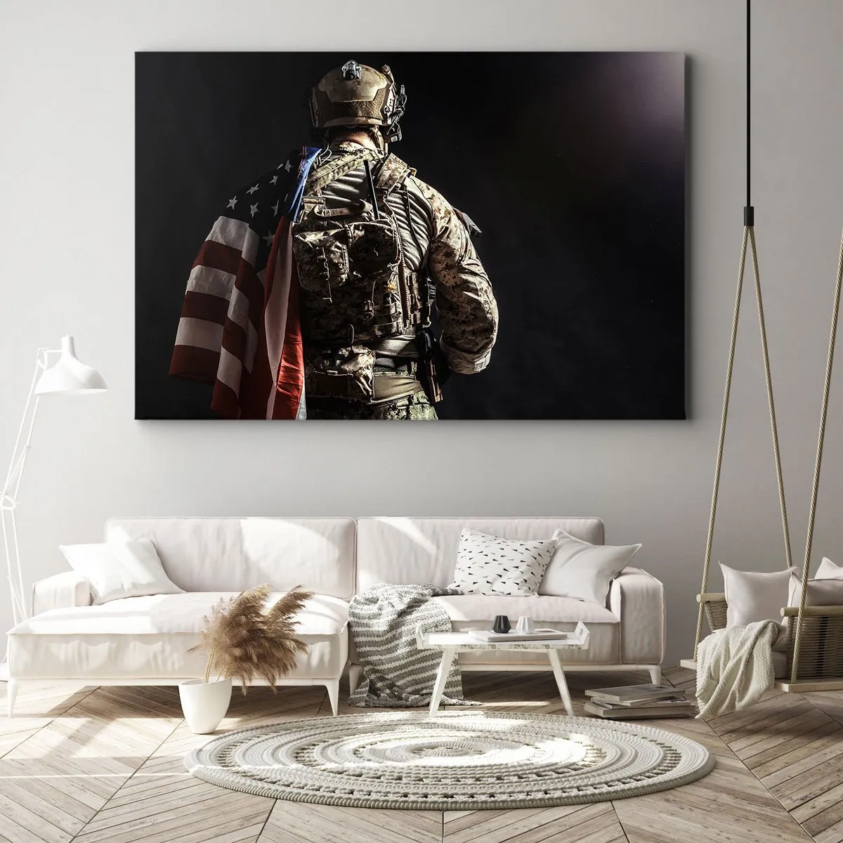 Schilderen op canvas - Een soldaat in uniform met een vlag tegen een donkere achtergrond - 70x50cm - Dat is waarom - Moderne wanddecoratie voor woonkamer en slaapkamer ARTTOR