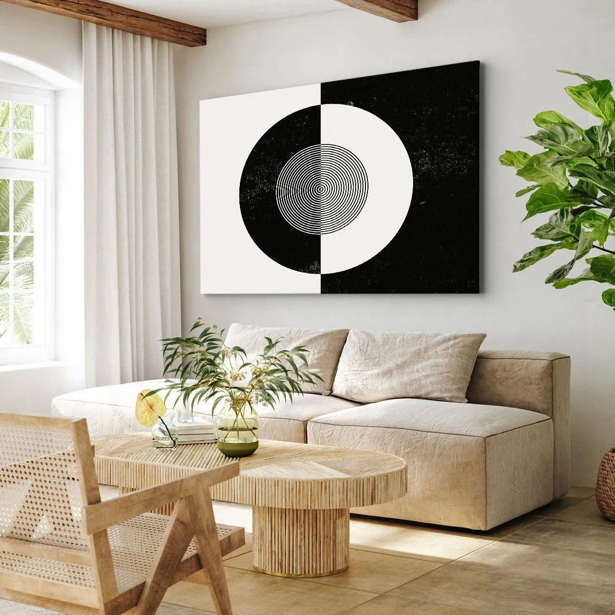 Schilderen op canvas - Grafisch patroon in contrasterend zwart en wit - 70x50cm - Harmonie in zwart-wit - Moderne wanddecoratie voor woonkamer en slaapkamer ARTTOR