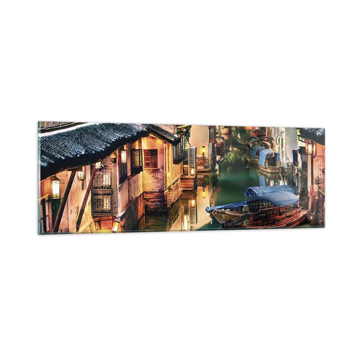 Schilderen op glas - Een avond op een Chinese straat - 90x30 cm