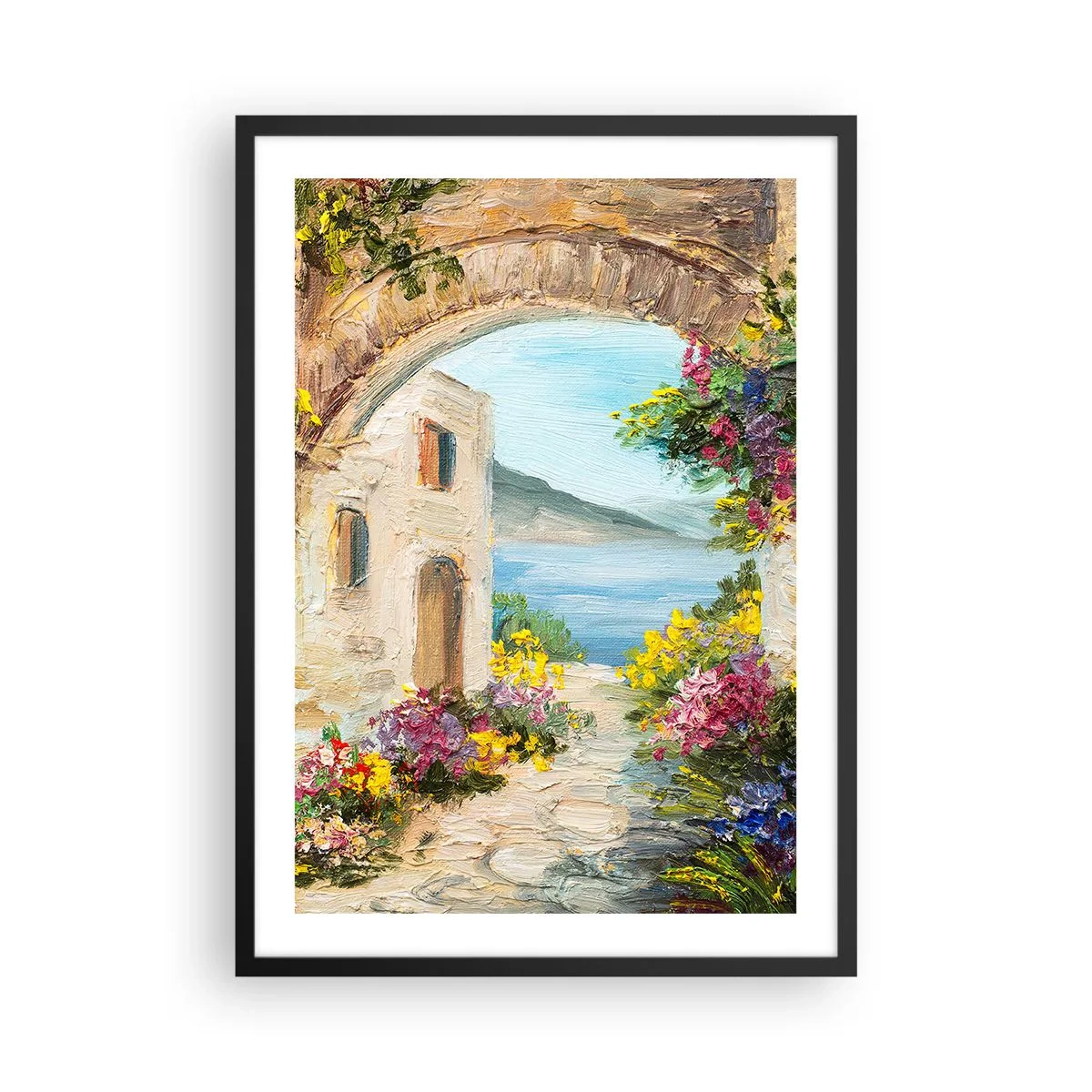 Poster in een zwarte lijst - Stenen boog met uitzicht op de zee - 50x70cm - De charme van een kustprovincie - Moderne wanddecoratie voor woonkamer en slaapkamer ARTTOR