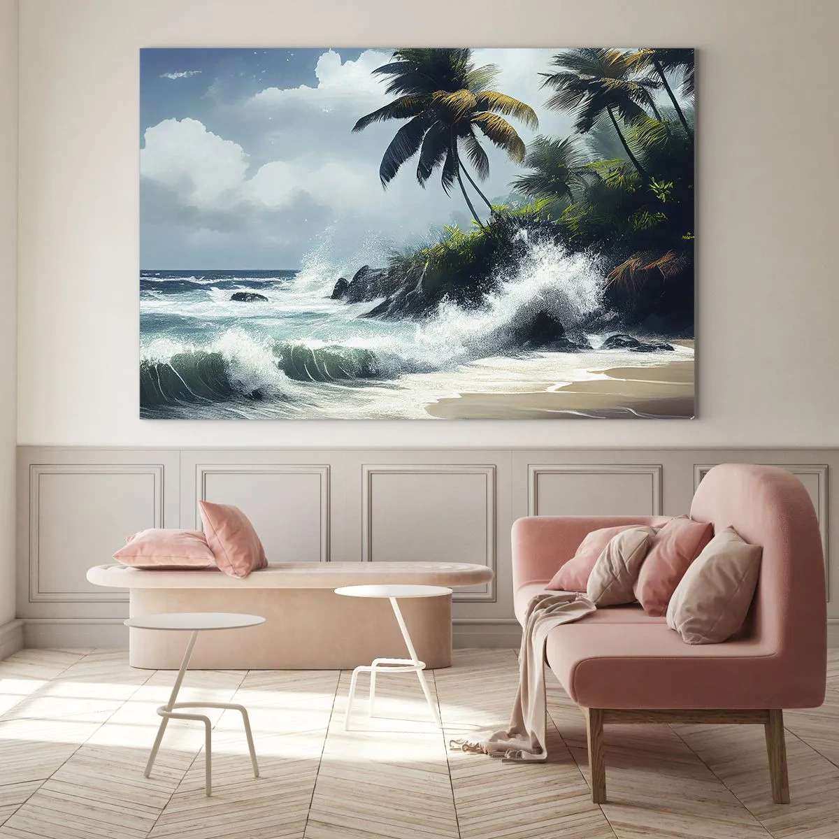 Schilderen op glas - Golven die tegen de rotsen bij de palmbomen op een tropisch strand beuken - 70x50cm - Op een tropische kust - Moderne wanddecoratie voor woonkamer en slaapkamer ARTTOR