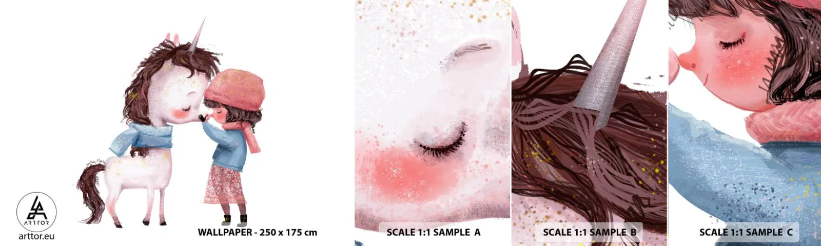 Fotobehang Monster Zelfklevend Deluxe Sticker - Een winterverhaal - Voor kinderen, Eenhoorn, Meisje - 100x30 cm