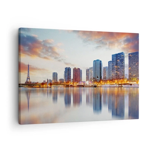 Schilderen op canvas - Panorama van moderne gebouwen en de Eiffeltoren over het water - 70x50cm - De monumentale rust van Parijs - Moderne wanddecoratie voor woonkamer en slaapkamer ARTTOR