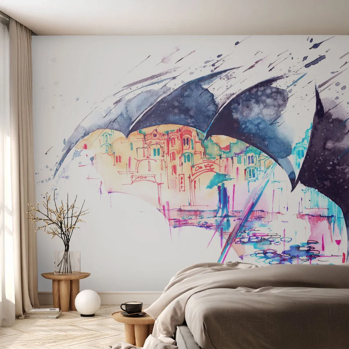 Fotobehang Standard Eco - Wandeling in de regen - Abstractie, Paraplu, Architectuur - 500x350 cm